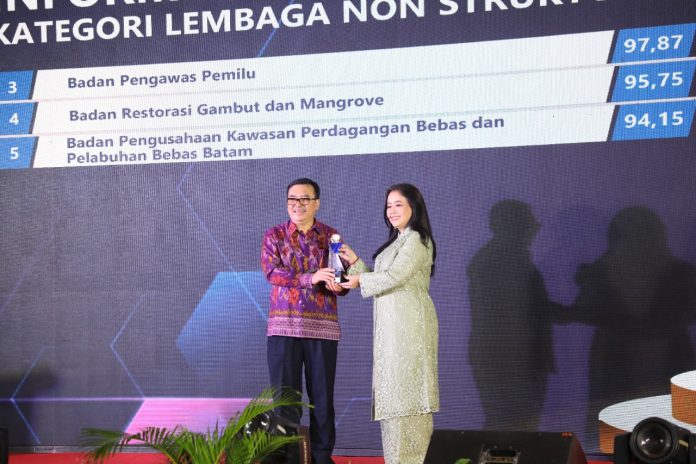 Komisi Informasi (KI) Pusat memberikan penghargaan kepada BP Batam sebagai Badan Publik Informatif tahun 2022. Tampak Anggota Bidang Kebijakan Strategis BP Batam, Enoh Suharto Pranoto (kiri) menerima Penghargaan yang diserahkan Komisioner Komisi Informasi (KI) Pusat Bidang Penelitian dan Dokumentasi Rospita Vici Paulyn (kanan) pada acara Anugerah Keterbukaan Informasi tahun 2022 di Atria Hotel Serpong, Tangerang, Banten, Rabu (14/12/2022). (foto-muhammmad amin-batamtv.com)