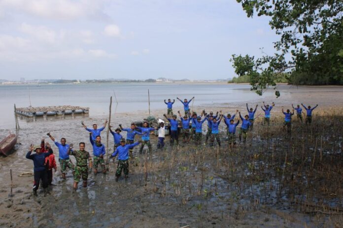 Personil Lanud Hang Nadim Batam melakukan penanaman mangrove di Pantai Terih Nongsa Kota Batam, Kamis (17/3/2023) (Foto : muhammad amin - batamtv.com)