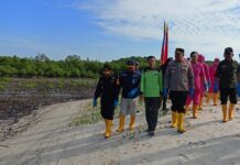 read news – DPP PLH K Kepri Apresiasi Langkah Kapolda Jaga Kelestarian dengan Menanam 5000 Mangrove Sekjen DPP LSM PLH K Kepri, Rabu (kaus hijau) bersama sama dengan Kapolda Kepri , Irjen Tabana Bangun menuju ke lahan penanaman mangrove. (Foto : muhammad amin - batamtv.com)