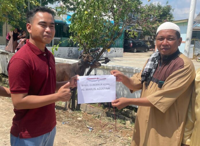 Novianto , perwakilan wartawan yang menerima secara simbolis hewan kurban sapi dari Wagub Kepri. (Foto : abyaqsa ramadan - batamtv.com)