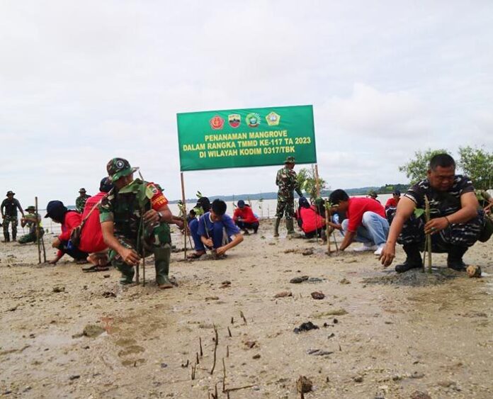 Penanaman mangrove  digelar oleh Satgas TMMD ke-117 Kodim 0317/TBK bersama mahasiswa, pelajar dan masyarakat  di pesisir Pantai Pulau Baru, Sabtu (15/07) sebanyak 500 pohon dalam rangka TMMD ke-117 TA. 2023. (Foto : abdi perdana - batamtv.com)