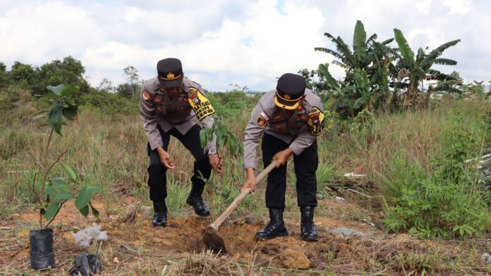 Penanaman bibit pohon yang dilaksanakan hari ini dalam rangka program penanamam sepuluh juta pohon bersama Polri Polres Bintan menanam sebanyak 125 bibit pohon buah produkti yang ditanam di lingkungan mako Polres Bintan. (Foto : Abdi perdana - batamtv.com)_