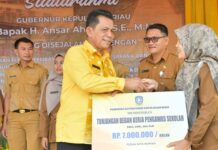 read news – Gubernur Kepri Ansar Ahmad Serahkan Bantuan ke Pengawas Gubernur Kepri Ansar Ahmad (baju kuning) menyerahkan tunjangan Pengawas, Kepala Sekolah, Wakil Kepala Sekolah, Guru ASN, Bendahara BOS, Bendahara SPP, PTK non ASN dan bendahara barang serta bantuan personil. (Foto : abdi perdana - batamtv.com )